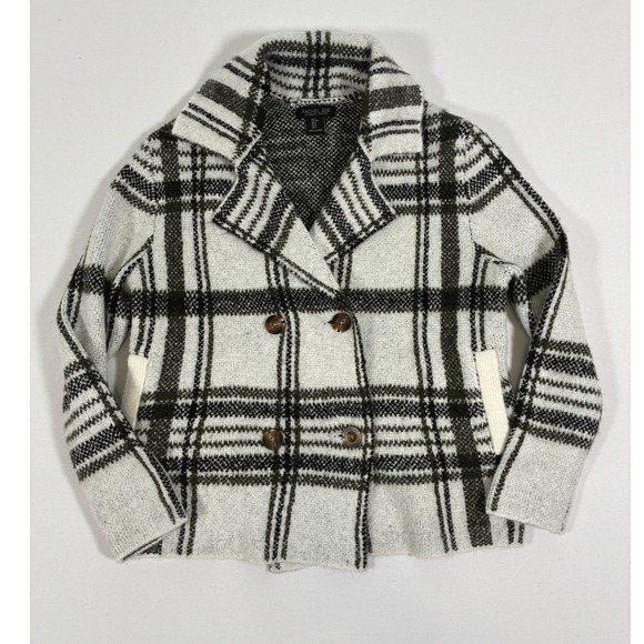 Rachel Zoe Sweaters - Rachel Zoe Womens S Ivory Plaid Double Breasted Fuzzy Knit Sweater Jacket